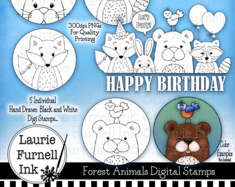 Forest Animal Digital Stamp, Laurie Furnell, Birthday Digital Stamp, Digi Stamps Birthday Digi Stamp Card Making Supply Fox Digi Bear Digi,