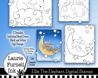 Elephant Digital Stamps, Elephant Nursery Digi, Star and Moon Digis, Laurie Furnell, Card Making Supply, Coloring Pages, Cute Elephant Digis