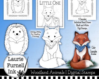 Woodland Animal Digis, Fox Digital Stamp, Hedgehog Digital Stamp, Coloring Pages, Hello Little One Digi, Laurie Furnell, Digital Stamps