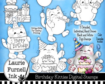 Birthday Digi Stamps/Birthday Kitties Stamps/Cat Digi Stamps/Cat Digi Stamps/Kitty Stamps/Happy Birthday Stamp/Black Line Art/Laurie Furnell