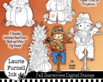 Scarecrow Digi Stamps/Fall Digi Stamps/Laurie Furnell/Autumn Digital Stamps/Fall Digital Stamps/Adult Coloring Page/Fall Line Art/Scarecrows