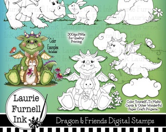 Dragon Digi Stamps/Cute Dragon Digital Stamps/Baby Dragon Digi Stamp/Laurie Furnell/Bunny Digi Stamp/ Fantasy Digital Stamps/Black Line Art/