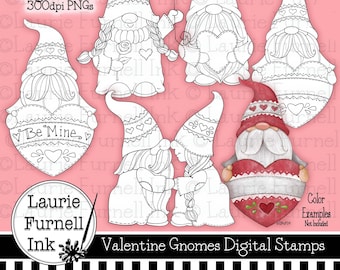 Puede incluir: Cinco imágenes de sellos digitales en blanco y negro de gnomos con corazones y diseños temáticos de San Valentín. Los gnomos sostienen corazones, globos y flores. El texto "Be Mine" está en uno de los corazones. El texto "Valentine Gnomes Digital Stamps" está en la parte inferior de la imagen.