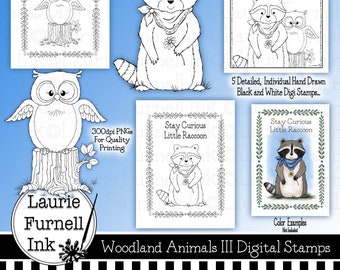 Woodland Animal Digis, Raccoon Digital Stamp, Wise Owl Digital Stamp, Coloring Pages, Hello Little One Digi, Laurie Furnell, Digital Stamps