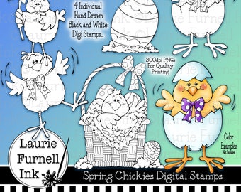 Spring Digital Stamps, Easter Digi Stamps, Baby Chicks Digis, Laurie Furnell, Adult Coloring Pages, Scrap booking, Black and White Line Art