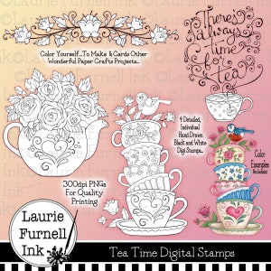 Rose digitale postzegels, digitale postzegel theepot, Digi Stamps, Kleurplaten, Laurie Furnell, Tea Cup Digi Stamps, Supply Card Making Supply