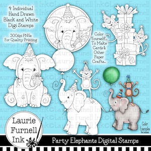 Elephant Digitale Postzegels, Party Animal Digital Postzegels, Digi Postzegels, Kleurplaten, Laurie Furnell, Monkey Digi Postzegels, Card Making Supply