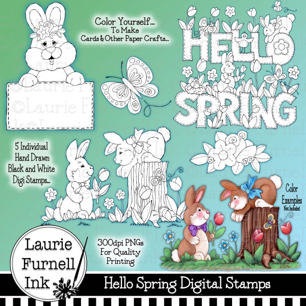 Spring Digital Stamps,Bunny Digital Stamps,Hello Spring Stamp,Digital Stamps,Laurie Furnell,Digi Stamps, Butterfly Stamp,Adult Coloring Page