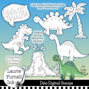 Sellos digitales de dinosaurios, Dino Digis, sello digital T-Rex, Laurie Furnell, páginas para colorear, suministro de tarjetas, arte de línea negra, sellos digitales