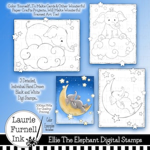Olifant digitale postzegels, Elephant Nursery Digi, Star en Moon Digis, Laurie Furnell, Card Making Supply, Kleurplaten, Cute Elephant Digis