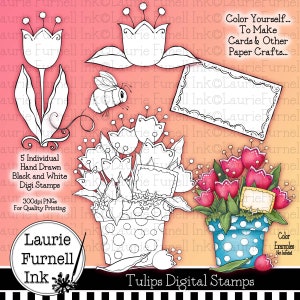 Floral digitale postzegels Tulp digitale postzegels, Digi Stamps Kleurplaten Laurie Furnell, Flower Digi Stamps Card Making Supply Bumblebee Stamp