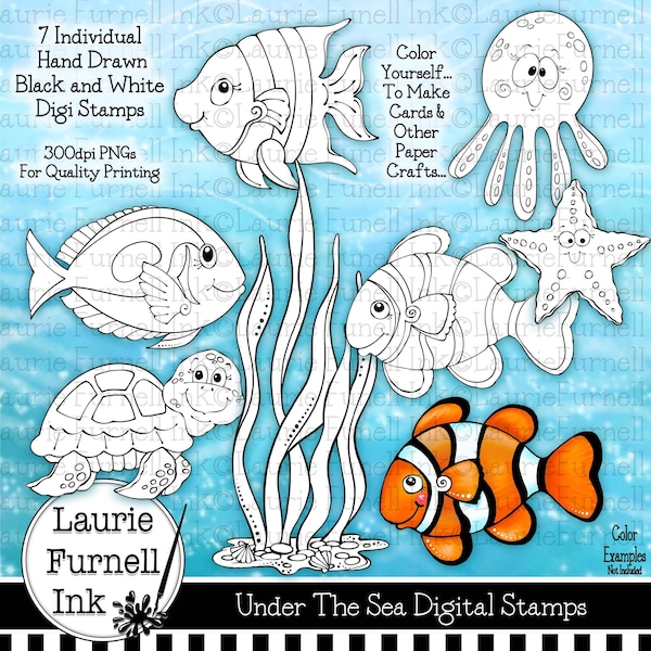 Sea Creature Digital Stamps, Cute Fish Digital Stamps, Digi Stamps, Coloring Pages, Laurie Furnell, Nemo Digi Stamps, Card Making Supply