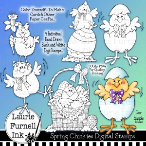 Sellos digitales de primavera, sellos digitales de Pascua, sellos digitales de pollitos, Laurie Furnell, páginas para colorear para adultos, álbumes de recortes, arte lineal en blanco y negro