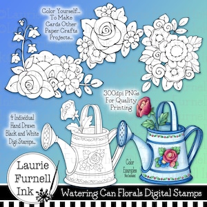 Sellos digitales florales, sello digital de regadera, sellos Digi, páginas para colorear para adultos, Laurie Furnell, sellos Digi florales, suministro de fabricación de tarjetas