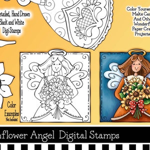 Angel Digital Stamp, Sunflower Angel Digital Stamp, Sunflower Digi Stamp, Laurie Furnell, Autumn Digi Stamp, Black Line Art, Adult Coloring image 2
