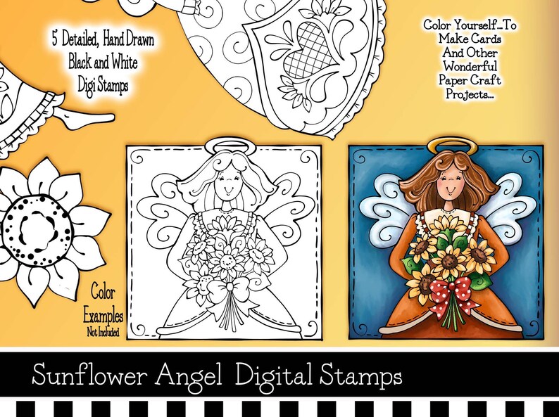 Angel Digital Stamp, Sunflower Angel Digital Stamp, Sunflower Digi Stamp, Laurie Furnell, Autumn Digi Stamp, Black Line Art, Adult Coloring image 2