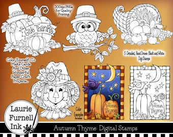 Autumn Digi Stamps, Thanksgiving Digital Stamp, Scarecrow Digital,Fall Coloring Page,Owl Digital Stamp, Pumpkin Digital Stamp,Laurie Furnell