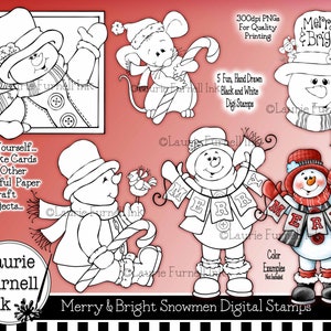 Snowman Digi Stamps, Holiday Snowman Digital Art, Christmas Snowman Line Art, Coloring Book Pages, Adult Coloring Snowmen, Laurie Furnell