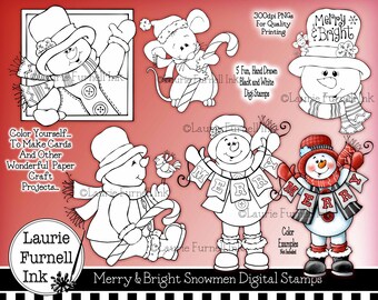 Snowman Digi Stamps, Holiday Snowman Digital Art, Christmas Snowman Line Art, Coloring Book Pages, Adult Coloring Snowmen, Laurie Furnell