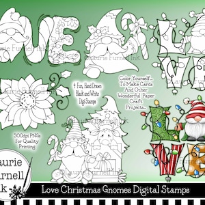 Christmas Gnome Clip Art, Holiday Gnome Digital Stamps, Christmas Love Digi Stamp. Laurie Furnell, Digis For Christmas Cards, Dibujo para colorear