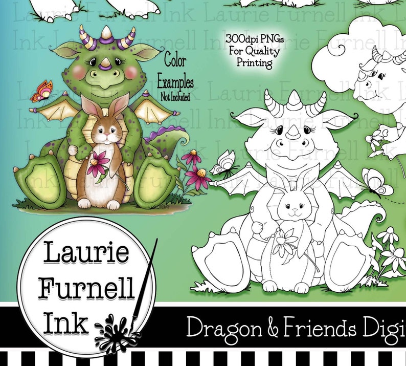 Dragon Digi StampsCute Dragon Digital StampsBaby Dragon Digi StampLaurie FurnellBunny Digi Stamp Fantasy Digital StampsBlack Line Art