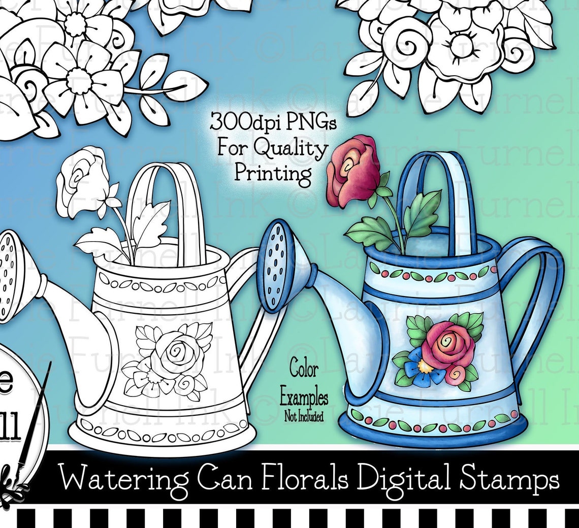 Floral Digital Stamps Watering Can Digital Stamp Digi Etsy