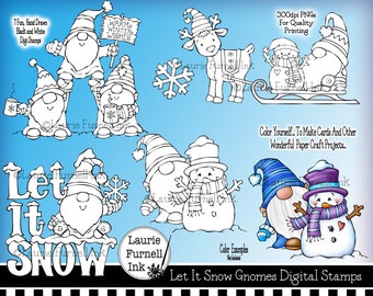 Puede incluir: Sellos digitales en blanco y negro con gnomos, muñecos de nieve, renos y copos de nieve. Los sellos están diseñados para colorear y proyectos de manualidades. El texto "Let It Snow Gnomes Digital Stamps" está incluido en la imagen.