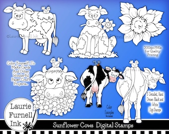 Cow Digi Stamps, Cow Butt Digi Stamp.Cow Digis, Card Making Supply, Black Line Cow Art, Adult Coloring Page, Sunflower Digi,Laurie Furnell,