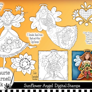 Angel Digital Stamp, Sunflower Angel Digital Stamp, Sunflower Digi Stamp, Laurie Furnell, Autumn Digi Stamp, Black Line Art, Adult Coloring image 1