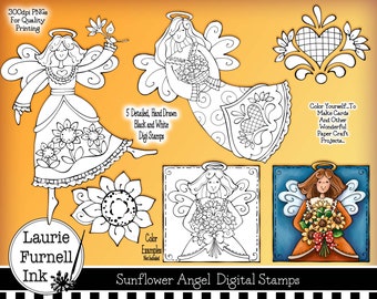 Angel Digital Stamp, Sunflower Angel Digital Stamp, Sunflower Digi Stamp, Laurie Furnell, Autumn Digi Stamp, Black Line Art, Adult Coloring