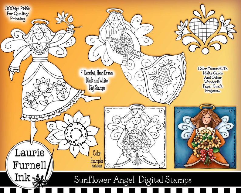 Angel Digital Stamp, Sunflower Angel Digital Stamp, Sunflower Digi Stamp, Laurie Furnell, Autumn Digi Stamp, Black Line Art, Adult Coloring image 1