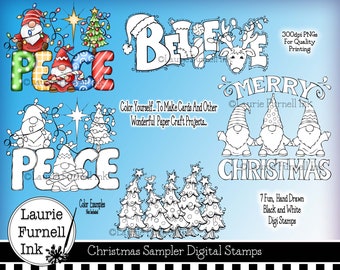 Christmas Gnome Digi Stamp, Christmas Digi, Christmas Tree Digital Stamp, Line Art Coloring, Laurie Furnell, Believe Digi Stamp, Peace Digi