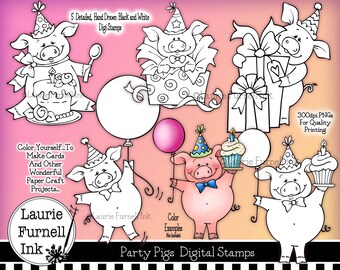 Party Pig Digital Stamps, Birthday Party Pig Digi Stamps, Cute Pig Dig Stamps, Card Making Supply, Laurie Furnell, Black Line Art Pigs