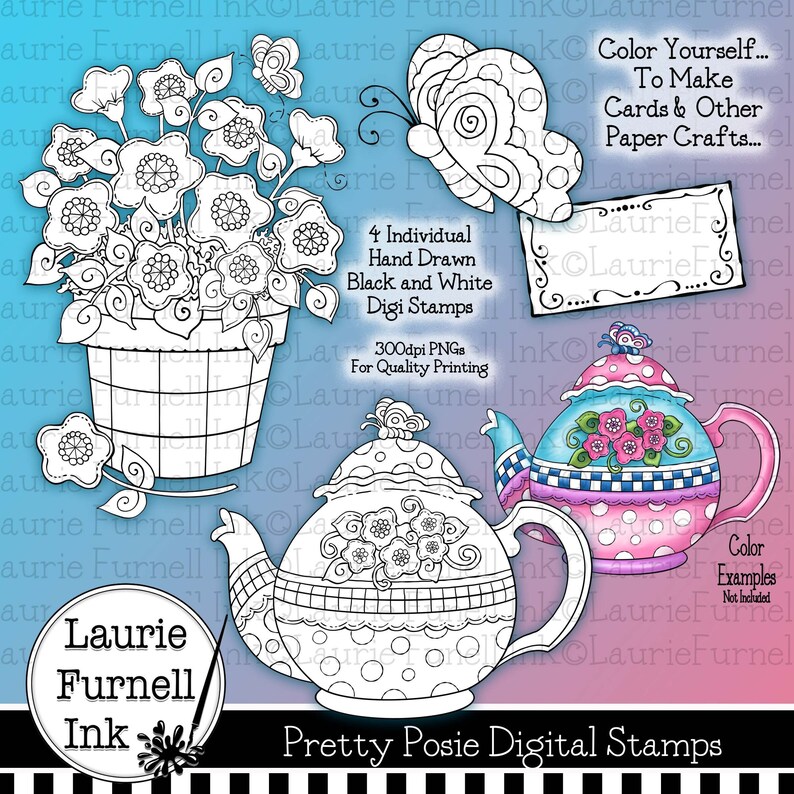 Floral Digital Stamps Teapot Digital Stamp Digi Stamps Etsy