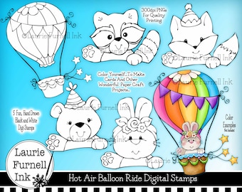 Hot Air Ballon Digi Stamps, Cute Animal Digital Stamps, Forest Animal Stamps, Birthday Digi Stamps, Laurie Furnell, Stamps For Card Making