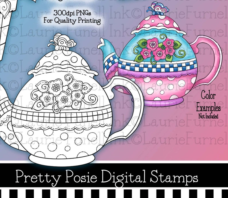 Floral Digital Stamps Teapot Digital Stamp Digi Stamps Etsy