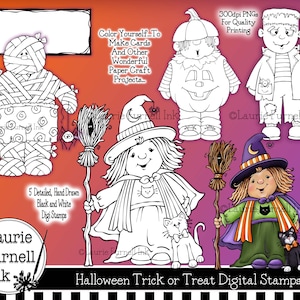 Halloween Digi, Cute Mummy Digi, Trick or Treat Digi, Cute Witch Digital Stamp, Laurie Furnell, Frankenstein Line Art, Adult Coloring Page