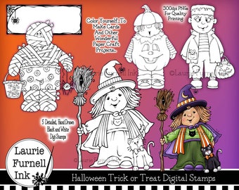 Halloween Digi, Cute Mummy Digi,Trick or Treat Digi, Cute Witch Digital Stamp, Laurie Furnell, Frankenstein Line Art, Adult Coloring Page