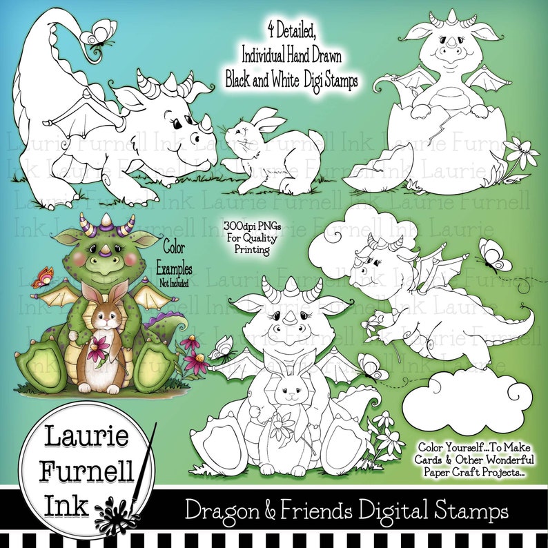 Dragon Digi StampsCute Dragon Digital StampsBaby Dragon Digi StampLaurie FurnellBunny Digi Stamp Fantasy Digital StampsBlack Line Art