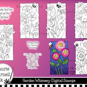Grillige bloem digitale stempel, bloem cijfers, zwarte lijntekeningen, volwassen kleurplaten, kaarten maken aanbod, gedetailleerde bloem Digis, Laurie Furnell