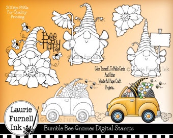 Timbre numérique gnome bourdon, dessin au trait noir abeille gnome, gnomes pour carte de voeux, art pour l'artisanat en papier, coloriage gnome, Laurie Furnell