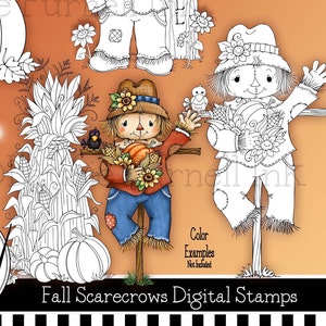 Puede incluir: Sellos digitales en blanco y negro con tres espantap&aacute;jaros con detalles de oto&ntilde;o como calabazas, girasoles y ma&iacute;z. El texto "Fall Scarecrows Digital Stamps" est&aacute; en la parte inferior de la imagen.
