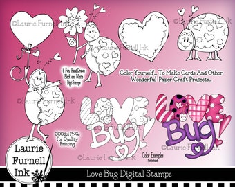 Valentine Clip Art, Valentine Digital Stamps, Cute Love Bug Digi Stamps, Laurie Furnell, Valentine Coloring Page, Valentine Card Art