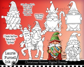 Puede incluir: Cinco imágenes de sellos digitales en blanco y negro de gnomos navideños. Los gnomos llevan sombreros y sostienen varios objetos, entre ellos un árbol de Navidad, un bastón de caramelo, un cartel, un reno y una bola de Navidad. El texto "Color Yourself...To Make Cards And Other Wonderful Paper Craft Projects..." está en la parte superior de la imagen. El texto "Christmas Gnomes Digital Stamps" está en la parte inferior de la imagen.