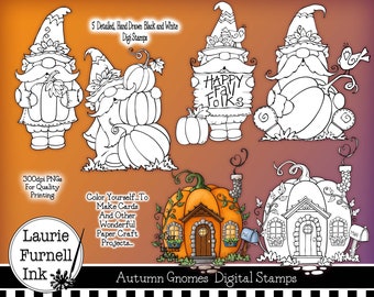 Puede incluir: Cinco imágenes de sellos digitales en blanco y negro de gnomos con calabazas y temas otoñales. El texto "Happy Fall Folks" está en un cartel que sostiene un gnomo.