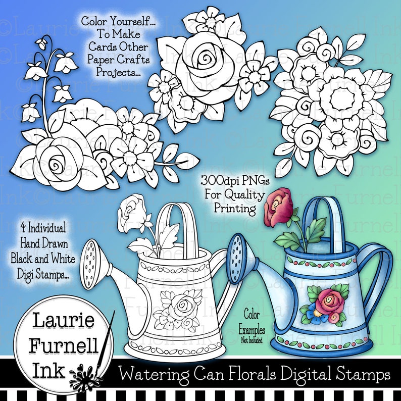Floral Digital Stamps Watering Can Digital Stamp Digi Etsy