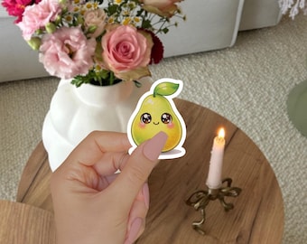 Kawaii Pear Sticker, Waterproof Vinyl Fruit Decal, Laptop Water Bottle Sticker, Gift For Her