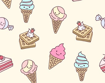 Może przedstawiać: Wzór bez szwów przedstawiający różne słodkie smakołyki, w tym lody w wafelkach, gofry, cukierki i ciasto. Lody w wafelkach mają uśmiechnięte buźki i są różowe, niebieskie i żółte. Gofry są przyozdobione bitą śmietaną i truskawkami. Cukierki są owinięte w niebiesko-biały papier. Ciasto jest warstwowe z różowym lukrem. Tło jest jasnożółte.