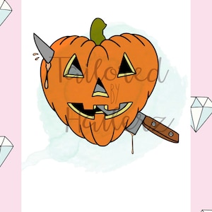 May include: A hand-drawn illustration of an orange pumpkin with a carved jack-o'-lantern face. The pumpkin is pierced with a knife and dripping with orange liquid. The background is a light blue watercolour wash.