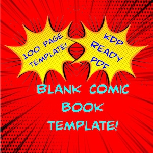 Puede incluir: Una plantilla de cómic roja y negra con un gráfico de estrella amarilla. El texto en el gráfico dice "100 páginas de plantilla! KDP Ready PDF Plantilla de cómic en blanco!"